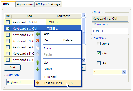 Test all Binds menu options